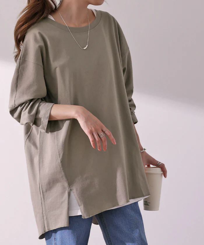 ほどよく「ゆるい。」 ロンＴ 綿100％ オーバーサイズ レディース カットソー ロンT 長袖 Tシャツ ロング チュニック ドルマン 薄手 レイヤード Uネック 無地 スリット ラウンド 大きいサイズ ゆったり 体型カバー お尻が隠れる 白 黒 春 夏 HUG.U メール便 - Image 26