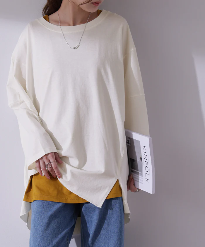 ほどよく「ゆるい。」 ロンＴ 綿100％ オーバーサイズ レディース カットソー ロンT 長袖 Tシャツ ロング チュニック ドルマン 薄手 レイヤード Uネック 無地 スリット ラウンド 大きいサイズ ゆったり 体型カバー お尻が隠れる 白 黒 春 夏 HUG.U メール便 - Image 28