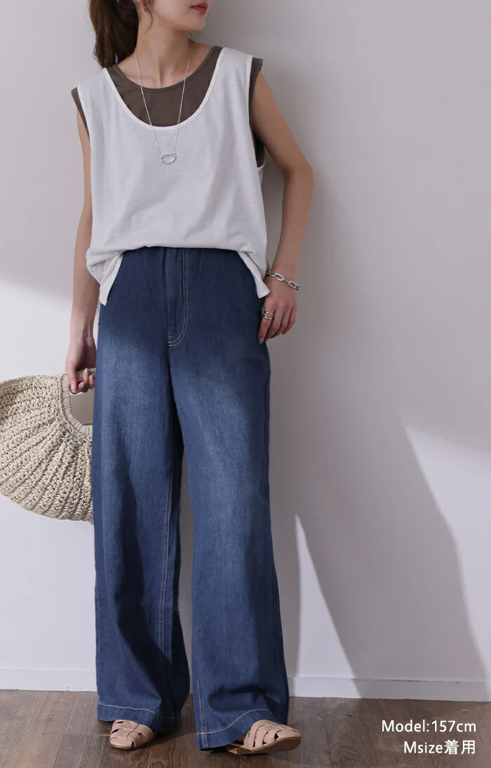春夏快適。「綿麻 デニム」 ワイドパンツ ■一部7月下旬入荷 デニムパンツ パンツ レディース ワイド リネン ジーンズ ジーパン ボトム 体型カバー ボトムス ストレート ズボン ゆったり ハイウエスト 麻 ユーズド風 ゴム 春 夏 小さい 大きいサイズ HUG.U - Image 8