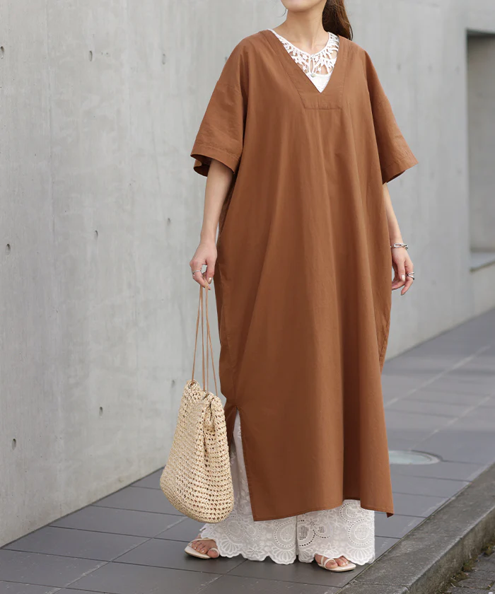 ゆるり 清涼感。「自然派 ワンピ」 体型カバー ワンピース ロング ロングワンピ レイヤード レディース スリット 綿100 半袖 二の腕カバー ナチュラル ロングワンピース Vネック ゆったり 薄手 ドロップショルダー 大きいサイズ 深V 黒 春 夏 HUG.U メール便 - Image 28
