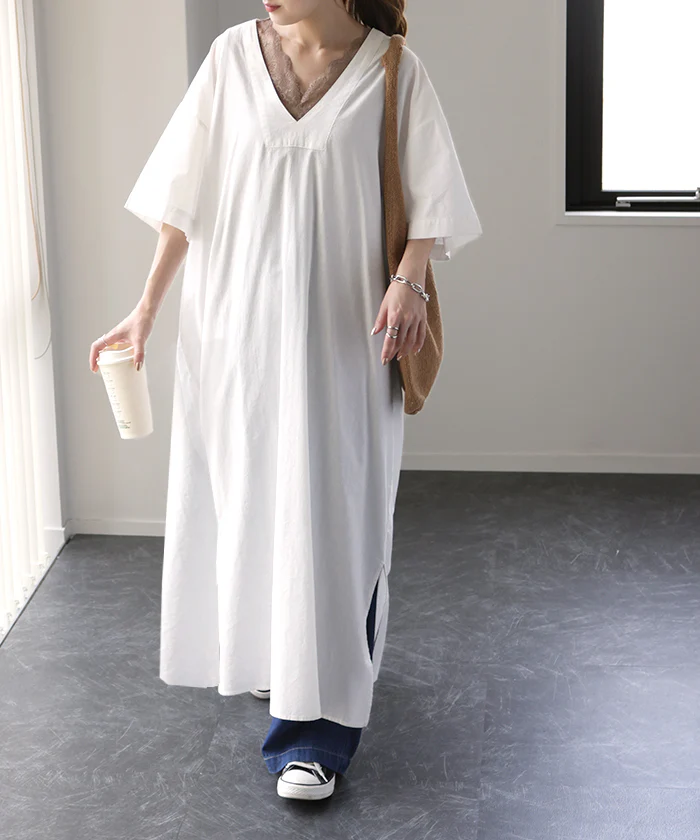 ゆるり 清涼感。「自然派 ワンピ」 体型カバー ワンピース ロング ロングワンピ レイヤード レディース スリット 綿100 半袖 二の腕カバー ナチュラル ロングワンピース Vネック ゆったり 薄手 ドロップショルダー 大きいサイズ 深V 黒 春 夏 HUG.U メール便 - Image 29