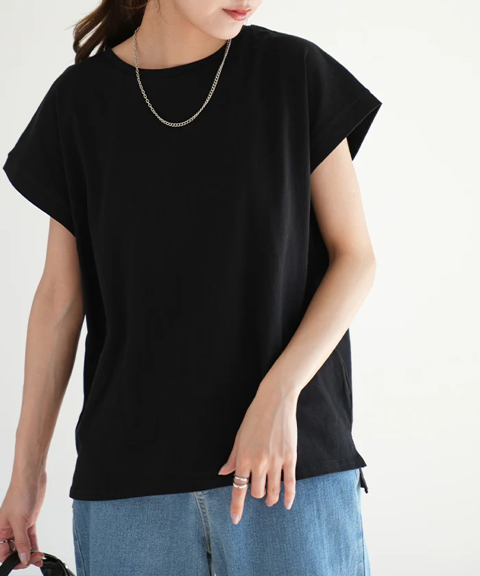 Tシャツ 「すっきり フレンチT 。」 半袖 コンパクト フレンチ カットソー レディース フレンチスリーブ トップス 綿100 ティーシャツ 無地 クルーネック スリット インナー きれいめ シンプル お尻が隠れる ブラック 黒 白 ピンク 春 夏 HUG.U メール便 - Image 27
