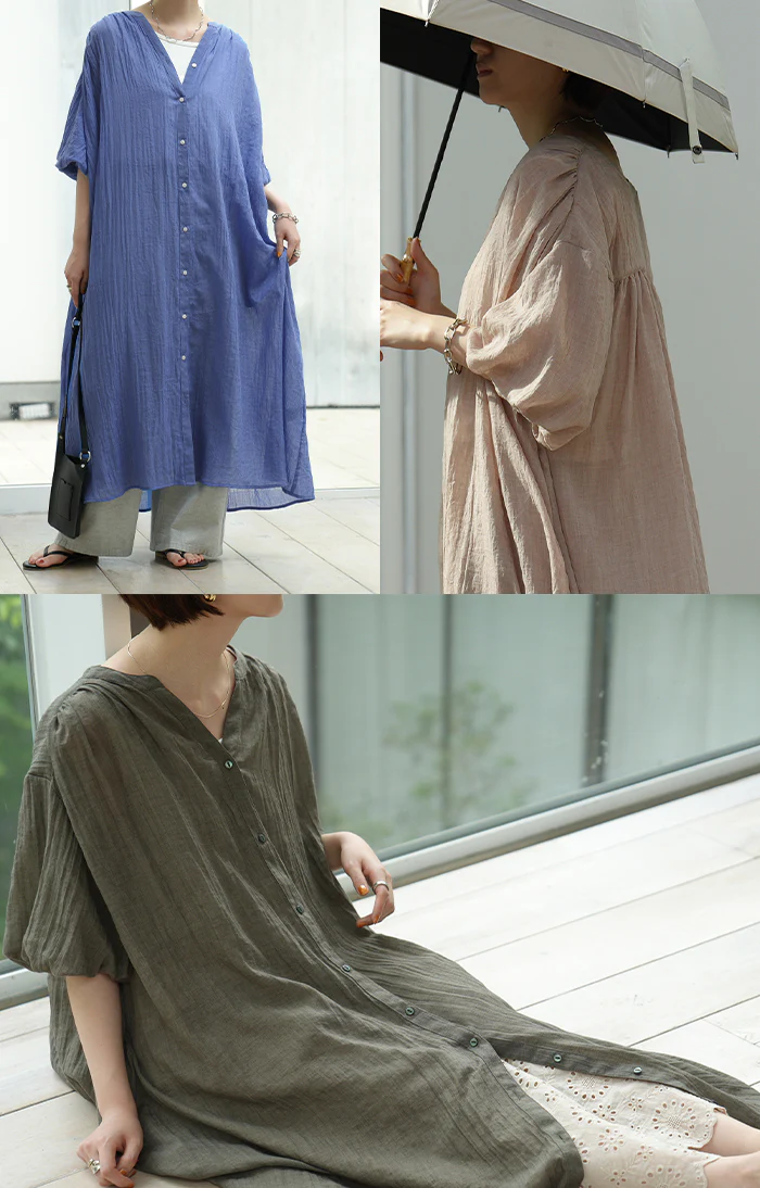 ナチュラル 「大人の自然派 ワンピ 。」 ワンピース シャツ ロングワンピース ロング レディース ぽわん袖 透け シャツワンピース マキシ 半袖 きれいめ バンドカラー 体型カバー ゆったり 大きいサイズ 羽織 Aライン リゾート ベージュ 春 夏 HUG.U - Image 9