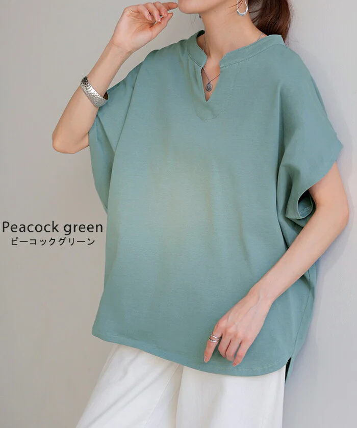 【夏セール】 ゆるＴ「袖口 タック T シャツ」コクーン レディース 半袖 ティーシャツ 袖 キーネック コクーンT カットソー トップス 綿100 変形シルエット きれいめ シンプル ゆったり 体型カバー 厚手 お尻が隠れる 大きいサイズ 無地 白 黒 ビッグ 春 夏 HUG.U - Image 5
