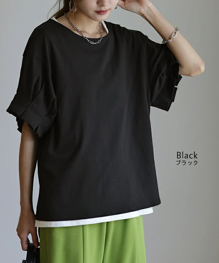あえての丈感。「袖口 フリル T シャツ」 袖 ぽわん タック カットソー 二の腕カバー レディース 半袖 ティーシャツ パフスリーブ バルーンスリーブ トップス きれいめ シンプル ゆったり 体型カバー 無地 ボリューム 白 黒 イエロー 春 夏 HUG.U メール便 - Image 10