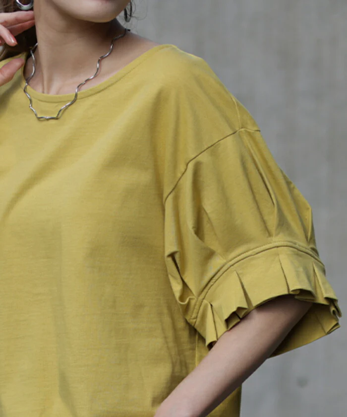あえての丈感。「袖口 フリル T シャツ」 袖 ぽわん タック カットソー 二の腕カバー レディース 半袖 ティーシャツ パフスリーブ バルーンスリーブ トップス きれいめ シンプル ゆったり 体型カバー 無地 ボリューム 白 黒 イエロー 春 夏 HUG.U メール便 - Image 20