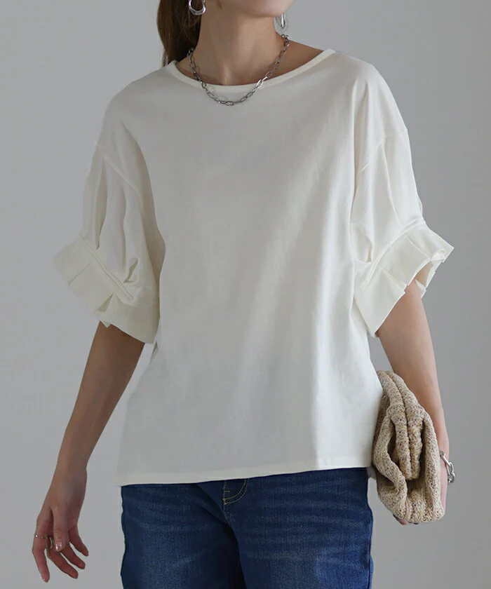 あえての丈感。「袖口 フリル T シャツ」 袖 ぽわん タック カットソー 二の腕カバー レディース 半袖 ティーシャツ パフスリーブ バルーンスリーブ トップス きれいめ シンプル ゆったり 体型カバー 無地 ボリューム 白 黒 イエロー 春 夏 HUG.U メール便 - Image 23