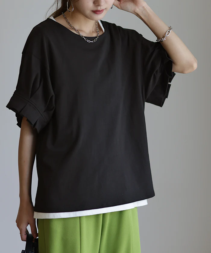 あえての丈感。「袖口 フリル T シャツ」 袖 ぽわん タック カットソー 二の腕カバー レディース 半袖 ティーシャツ パフスリーブ バルーンスリーブ トップス きれいめ シンプル ゆったり 体型カバー 無地 ボリューム 白 黒 イエロー 春 夏 HUG.U メール便 - Image 26