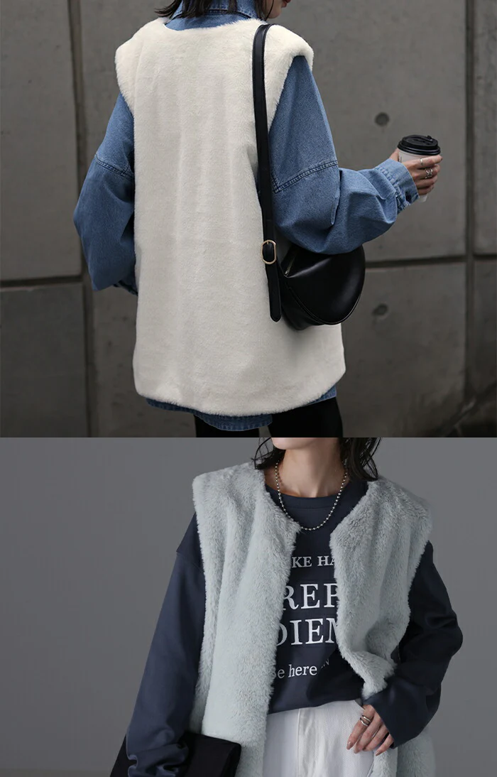ふわっ「着ぶくれしにくい。」 ファー ベスト ジレ レディース トップス ファーベスト ファージレ 前開き レイヤード ノーカラ― お洒落 ロング 羽織 エコ エコファー 体型カバー ゆる きれいめ 大きいサイズ お尻が隠れる ベージュ 白 春 夏 HUG.U - Image 9