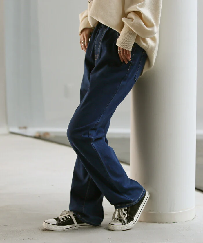 デニム 『 NO ストレス 』 ワイドパンツ パンツ デニムパンツ レディース 微起毛 ストレート 大きいサイズ ジーンズ ジーパン ボトム 体型カバー ワイド ボトムス ズボン ゆったり ハイウエスト 伸びる ゴム ストレッチ 美脚 脚長 裏起毛 春 夏 HUG.U - Image 5