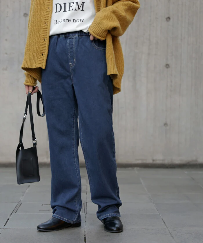 デニム 『 NO ストレス 』 ワイドパンツ パンツ デニムパンツ レディース 微起毛 ストレート 大きいサイズ ジーンズ ジーパン ボトム 体型カバー ワイド ボトムス ズボン ゆったり ハイウエスト 伸びる ゴム ストレッチ 美脚 脚長 裏起毛 春 夏 HUG.U - Image 9