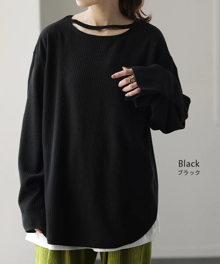 体ライン拾わず「映え袖 。」 ロンT 前後 2way カットソー トップス きれいめ レディース リブ Tシャツ ロングTシャツ 長袖 袖コンシャス 個性的 ロング 体型カバー 大きいサイズ お尻が隠れる スリット ロンティー 大人 お洒落 黒 白 春 夏 HUG.U - Image 13
