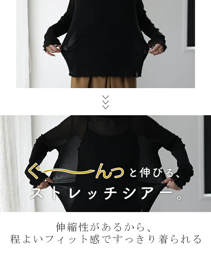 とろみ「極上 シアーインナー」シースルー レイヤード トップス レディース シアー シアートップス レイヤード ハイネック インナー センターライン 長袖 透け 重ね着 薄手 タートル きれいめ 体型カバー 大きい ストレッチ 黒 春 夏 HUG.U メール便 - Image 4