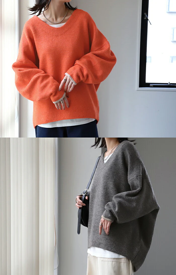 チクチクしない 「袖口 配色」 ニット ■一部7月中旬入荷 レイヤード レディース トップス セーター Vネック ゆったり ドロップショルダー センターライン ぽわん袖 長袖 大きいサイズ 体型カバー モヘア キーネック お尻が隠れる 深V グレー ベージュ 春 夏 HUG.U - Image 3