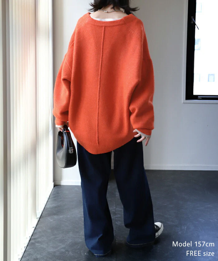 チクチクしない 「袖口 配色」 ニット ■一部7月中旬入荷 レイヤード レディース トップス セーター Vネック ゆったり ドロップショルダー センターライン ぽわん袖 長袖 大きいサイズ 体型カバー モヘア キーネック お尻が隠れる 深V グレー ベージュ 春 夏 HUG.U - Image 7