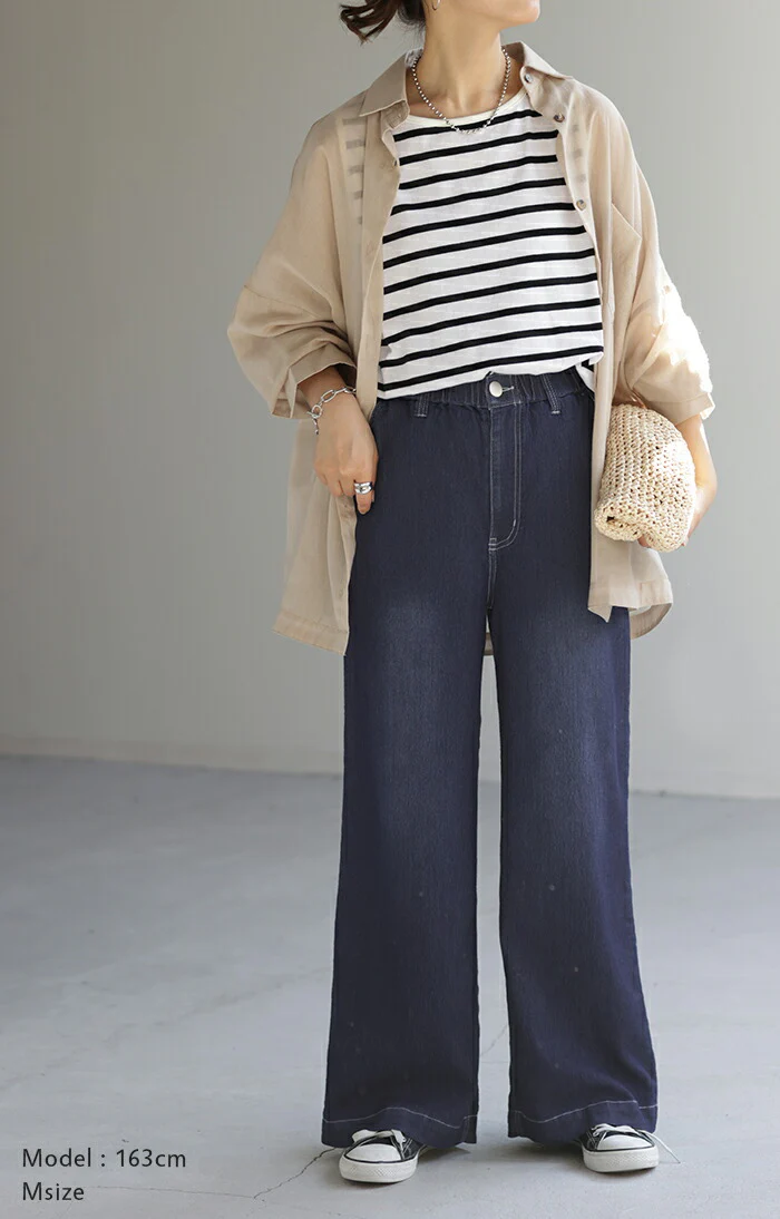 デニム レディース 春夏 パンツ デニムパンツ メッシュパンツ メッシュ ワイドパンツ ワイド 大きいサイズ ジーンズ ジーパン 体型カバー ボトムス ストレート ズボン ゆったり ハイウエスト 伸びる ゴム ロング 美脚 軽量 S M L XL ブルー 春 夏 HUG.U - Image 14