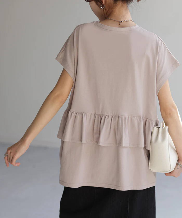 Tシャツ バックフリル トップス ロング カットソー 綿100 きれいめ レディース ティーシャツ 半袖 フリル フレンチスリーブ バックプリーツ プリーツ 体型カバー 長い ペプラム レイヤード 丸首 お尻が隠れる 無地 白 ブラック 春 夏 HUG.U メール便 - Image 27