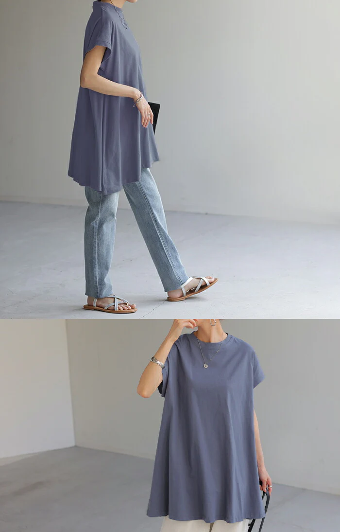 Tシャツ ロング トップス チュニック レディース カットソー Uネック クルーネック ティーシャツ 変形 バックフリル フリル ビッグ 半袖 大きいサイズ ゆったり 変形シルエット モックネック 長め 無地 お尻が隠れる 白 ブラック 春 夏 HUG.U メール便 - Image 15
