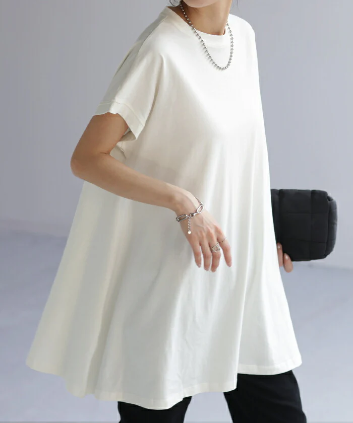 Tシャツ ロング トップス チュニック レディース カットソー Uネック クルーネック ティーシャツ 変形 バックフリル フリル ビッグ 半袖 大きいサイズ ゆったり 変形シルエット モックネック 長め 無地 お尻が隠れる 白 ブラック 春 夏 HUG.U メール便 - Image 5