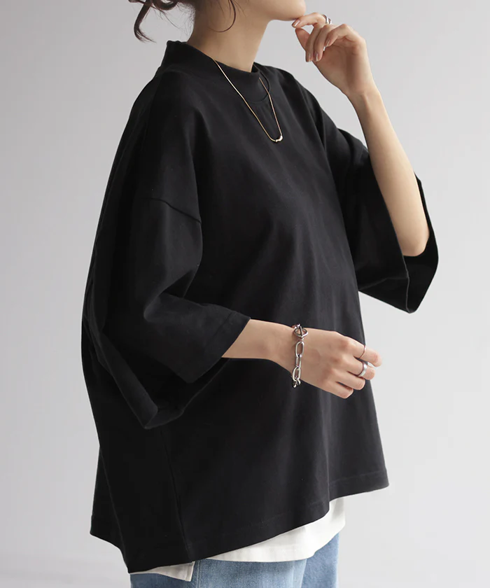 Tシャツ オーバーサイズ 綿100 トップス 二の腕カバー ワイドスリーブ レディース ドルマン ティーシャツ 変形 ビッグ プラスサイズ 半袖 おしゃれ 大きいサイズ ゆったり 変形シルエット モックネック 長め 無地 体型カバー 白 ブラック 春 夏 HUG.U メール便 - Image 24