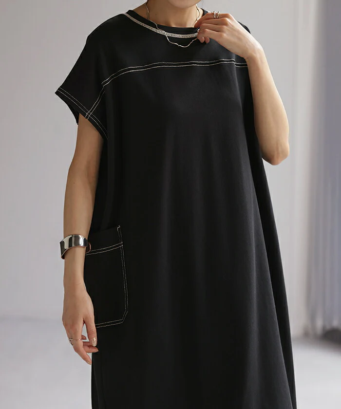 【夏セール】 ワンピース レディース ロングワンピース ロング ワンピ ロングワンピ マキシワンピース Tシャツワンピース ステッチ マキシワンピ マキシ 半袖 フレンチスリーブ Aライン フレア ドルマン ポケット きれいめ 体型カバー 大きいサイズ 黒 春 夏 HUG.U - Image 10