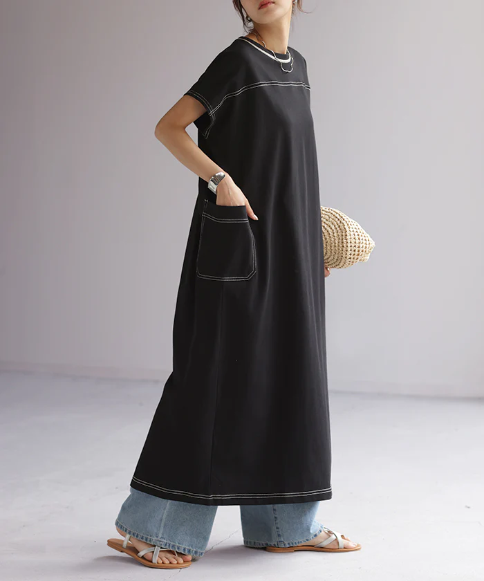 【夏セール】 ワンピース レディース ロングワンピース ロング ワンピ ロングワンピ マキシワンピース Tシャツワンピース ステッチ マキシワンピ マキシ 半袖 フレンチスリーブ Aライン フレア ドルマン ポケット きれいめ 体型カバー 大きいサイズ 黒 春 夏 HUG.U - Image 20