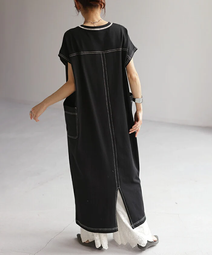 【夏セール】 ワンピース レディース ロングワンピース ロング ワンピ ロングワンピ マキシワンピース Tシャツワンピース ステッチ マキシワンピ マキシ 半袖 フレンチスリーブ Aライン フレア ドルマン ポケット きれいめ 体型カバー 大きいサイズ 黒 春 夏 HUG.U - Image 23