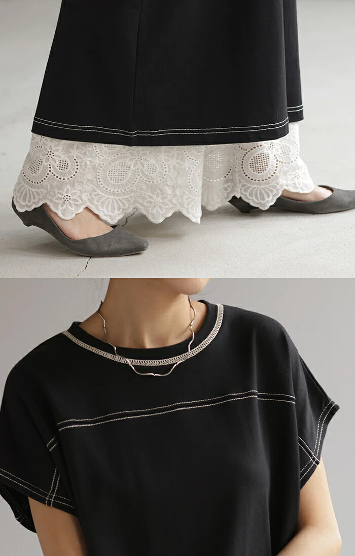 【夏セール】 ワンピース レディース ロングワンピース ロング ワンピ ロングワンピ マキシワンピース Tシャツワンピース ステッチ マキシワンピ マキシ 半袖 フレンチスリーブ Aライン フレア ドルマン ポケット きれいめ 体型カバー 大きいサイズ 黒 春 夏 HUG.U - Image 9