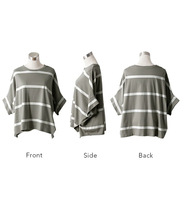 Tシャツ ボーダー 体型カバー トップス コクーン 二の腕カバー レディース ドルマンスリーブ インナー ティーシャツ チュニック ビッグ プラスサイズ 半袖 大きいサイズ 長め 薄手 ゆったり 変形シルエット ロング お尻が隠れる 白 黒 春 夏 HUG.U メール便 - Image 14