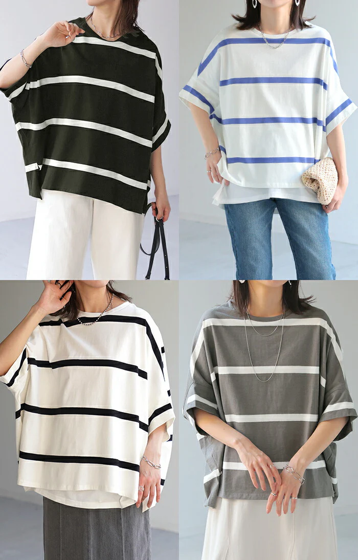 Tシャツ ボーダー 体型カバー トップス コクーン 二の腕カバー レディース ドルマンスリーブ インナー ティーシャツ チュニック ビッグ プラスサイズ 半袖 大きいサイズ 長め 薄手 ゆったり 変形シルエット ロング お尻が隠れる 白 黒 春 夏 HUG.U メール便 - Image 15