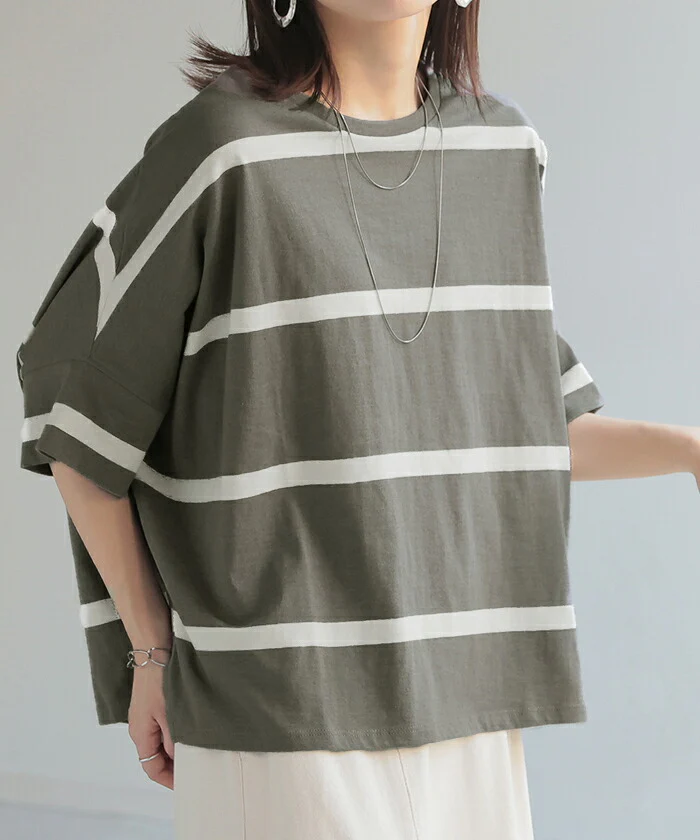 Tシャツ ボーダー 体型カバー トップス コクーン 二の腕カバー レディース ドルマンスリーブ インナー ティーシャツ チュニック ビッグ プラスサイズ 半袖 大きいサイズ 長め 薄手 ゆったり 変形シルエット ロング お尻が隠れる 白 黒 春 夏 HUG.U メール便 - Image 16