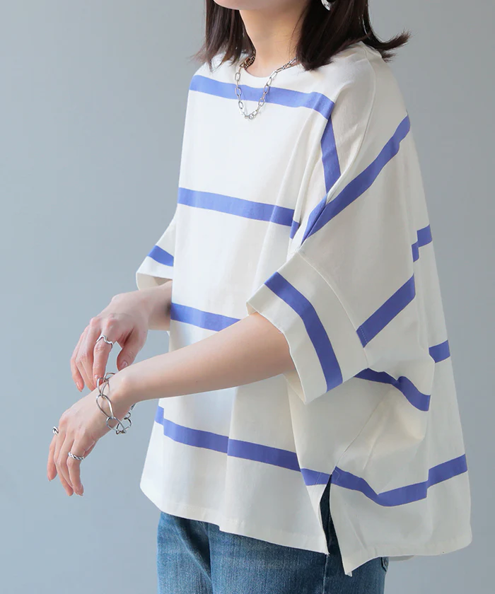 Tシャツ ボーダー 体型カバー トップス コクーン 二の腕カバー レディース ドルマンスリーブ インナー ティーシャツ チュニック ビッグ プラスサイズ 半袖 大きいサイズ 長め 薄手 ゆったり 変形シルエット ロング お尻が隠れる 白 黒 春 夏 HUG.U メール便 - Image 19