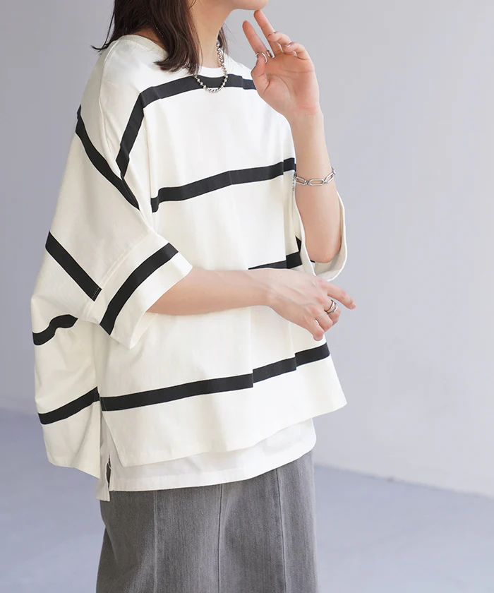 Tシャツ ボーダー 体型カバー トップス コクーン 二の腕カバー レディース ドルマンスリーブ インナー ティーシャツ チュニック ビッグ プラスサイズ 半袖 大きいサイズ 長め 薄手 ゆったり 変形シルエット ロング お尻が隠れる 白 黒 春 夏 HUG.U メール便 - Image 21