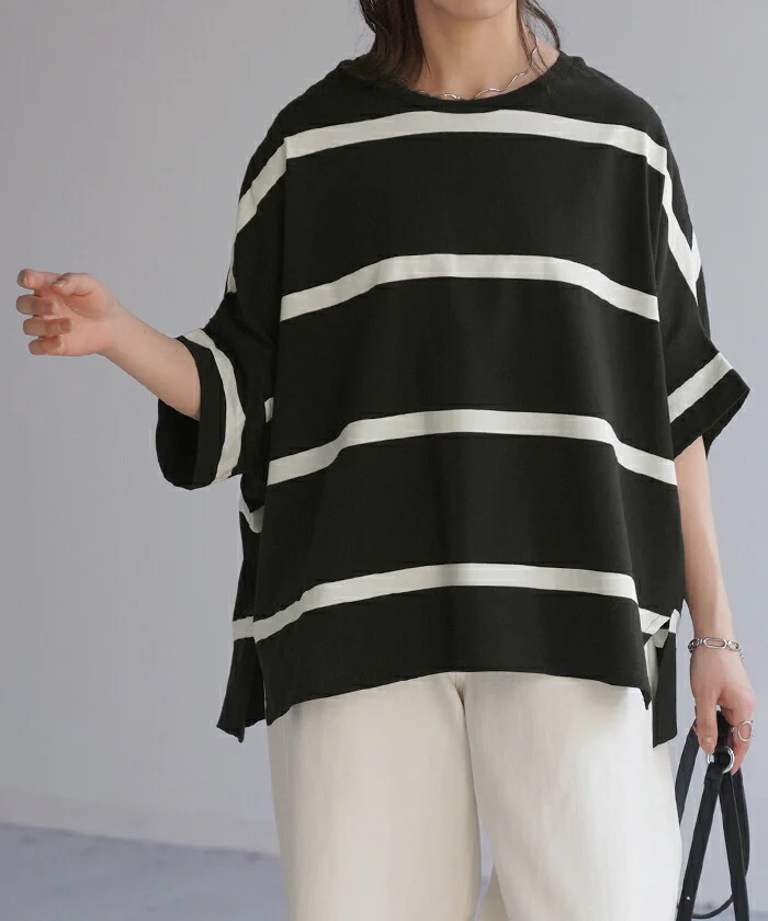 Tシャツ ボーダー 体型カバー トップス コクーン 二の腕カバー レディース ドルマンスリーブ インナー ティーシャツ チュニック ビッグ プラスサイズ 半袖 大きいサイズ 長め 薄手 ゆったり 変形シルエット ロング お尻が隠れる 白 黒 春 夏 HUG.U メール便 - Image 25