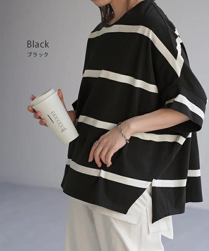 Tシャツ ボーダー 体型カバー トップス コクーン 二の腕カバー レディース ドルマンスリーブ インナー ティーシャツ チュニック ビッグ プラスサイズ 半袖 大きいサイズ 長め 薄手 ゆったり 変形シルエット ロング お尻が隠れる 白 黒 春 夏 HUG.U メール便 - Image 8