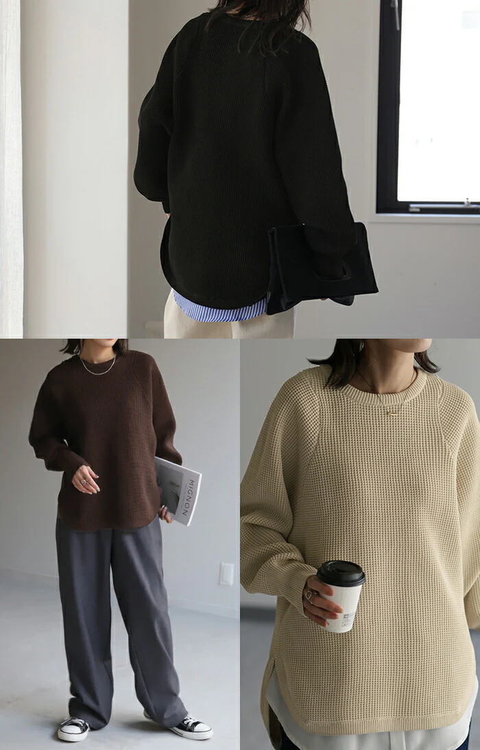 もっちり ワッフル ニット プルオーバー レディース サーマル カットソー ワッフル ロンT トップス 無地 長袖 Tシャツ ロング ロングTシャツ チュニック きれいめ 丸首 長い スリット お洒落 別売り セットアップ 可 ベージュ 黒 春 夏 HUG.U - Image 16