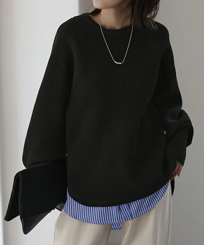 もっちり ワッフル ニット プルオーバー レディース サーマル カットソー ワッフル ロンT トップス 無地 長袖 Tシャツ ロング ロングTシャツ チュニック きれいめ 丸首 長い スリット お洒落 別売り セットアップ 可 ベージュ 黒 春 夏 HUG.U - Image 19