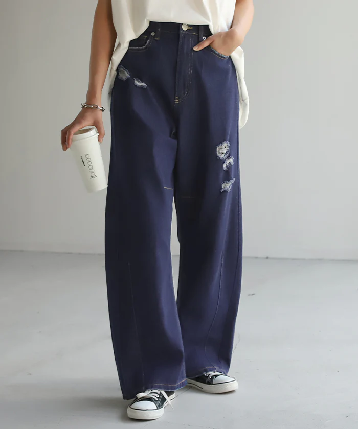 デニム お洒落 カーブパンツ デニムパンツ パンツ ■一部7月下旬入荷 レディース タック カーブデニム ジーンズ ジーパン ボトム クラッシュ ゆったり ストレート ワイドパンツ 体型カバー ボトムス ズボン ハイウエスト 薄手 ゴム ワイド 大きいサイズ 春 夏 HUG.U - Image 28
