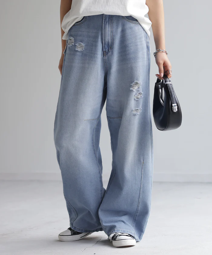 デニム お洒落 カーブパンツ デニムパンツ パンツ ■一部7月下旬入荷 レディース タック カーブデニム ジーンズ ジーパン ボトム クラッシュ ゆったり ストレート ワイドパンツ 体型カバー ボトムス ズボン ハイウエスト 薄手 ゴム ワイド 大きいサイズ 春 夏 HUG.U - Image 5