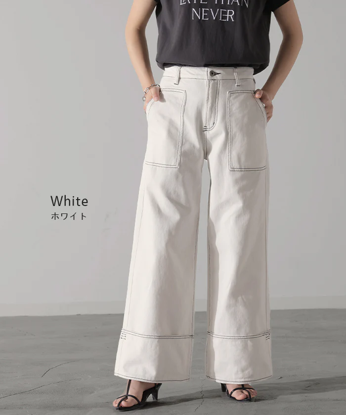 【夏セール】 デニム ロールアップ 美脚パンツ ストレート パンツ レディース デニムパンツ ワイドパンツ ワイド ジーンズ ジーパン ボトム 体型カバー ボトムス ハイウエスト ズボン ゴム ハイウエスト ステッチ 小さい 大きいサイズ 脚長 お洒落 黒 春 夏 HUG.U - Image 11
