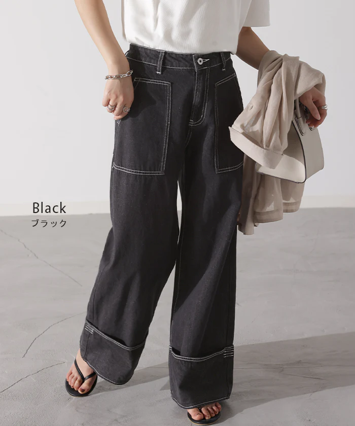 【夏セール】 デニム ロールアップ 美脚パンツ ストレート パンツ レディース デニムパンツ ワイドパンツ ワイド ジーンズ ジーパン ボトム 体型カバー ボトムス ハイウエスト ズボン ゴム ハイウエスト ステッチ 小さい 大きいサイズ 脚長 お洒落 黒 春 夏 HUG.U - Image 12
