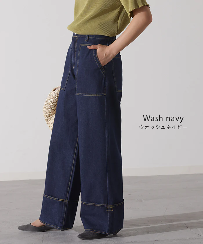 【夏セール】 デニム ロールアップ 美脚パンツ ストレート パンツ レディース デニムパンツ ワイドパンツ ワイド ジーンズ ジーパン ボトム 体型カバー ボトムス ハイウエスト ズボン ゴム ハイウエスト ステッチ 小さい 大きいサイズ 脚長 お洒落 黒 春 夏 HUG.U - Image 14