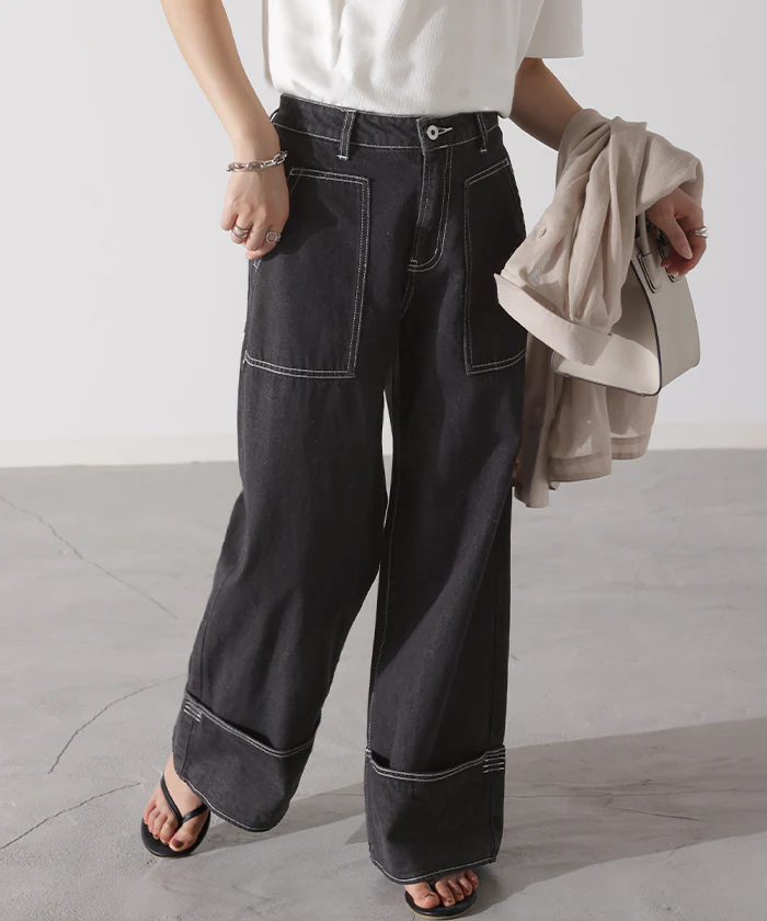 【夏セール】 デニム ロールアップ 美脚パンツ ストレート パンツ レディース デニムパンツ ワイドパンツ ワイド ジーンズ ジーパン ボトム 体型カバー ボトムス ハイウエスト ズボン ゴム ハイウエスト ステッチ 小さい 大きいサイズ 脚長 お洒落 黒 春 夏 HUG.U - Image 26