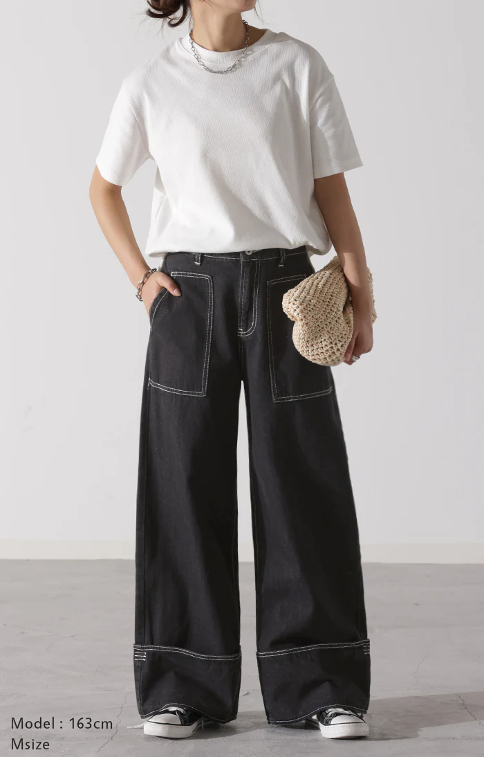【夏セール】 デニム ロールアップ 美脚パンツ ストレート パンツ レディース デニムパンツ ワイドパンツ ワイド ジーンズ ジーパン ボトム 体型カバー ボトムス ハイウエスト ズボン ゴム ハイウエスト ステッチ 小さい 大きいサイズ 脚長 お洒落 黒 春 夏 HUG.U - Image 3