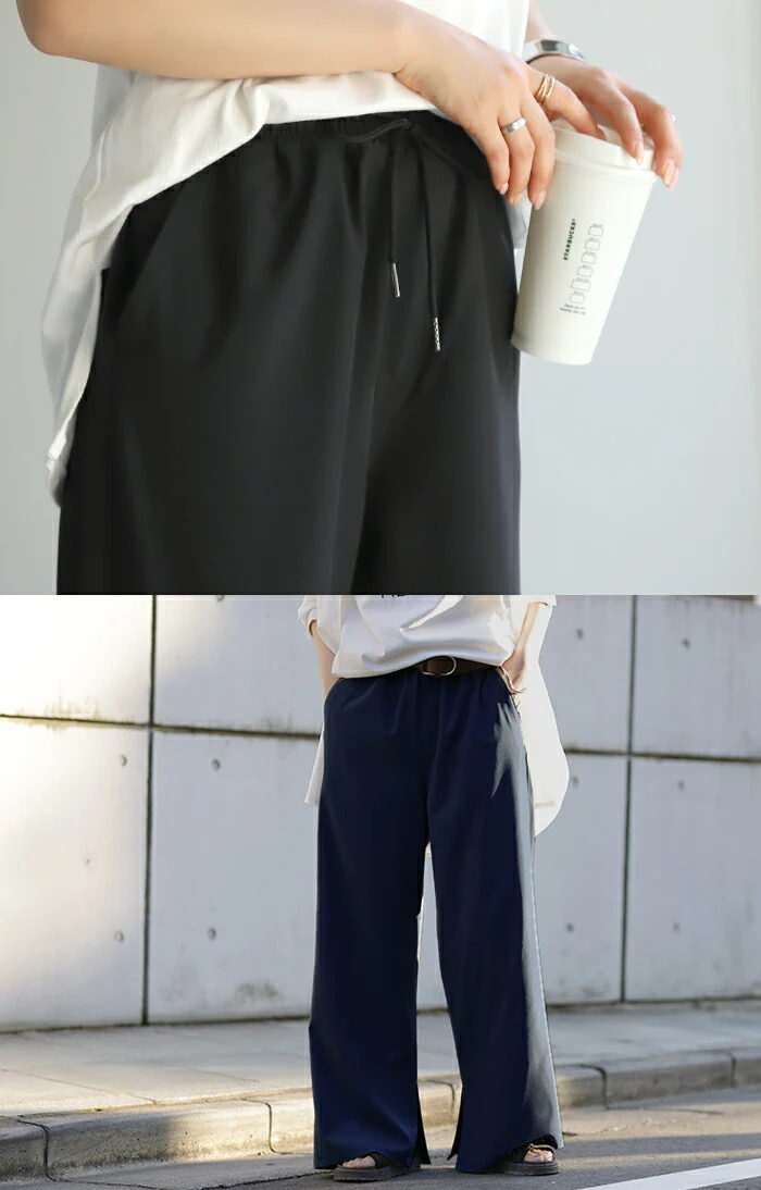 パンツ 撥水 ロング レディース はっ水 梅雨 雨の日 ボトムス ワイド ワイドパンツ ストレートパンツ フレア フレアパンツ イージーパンツ きれいめ ゴム 無地 スリット 体型カバー 大きいサイズ ゆったり ズボン 黒 ブラック グレー M L XL 春 夏 HUG.U - Image 21