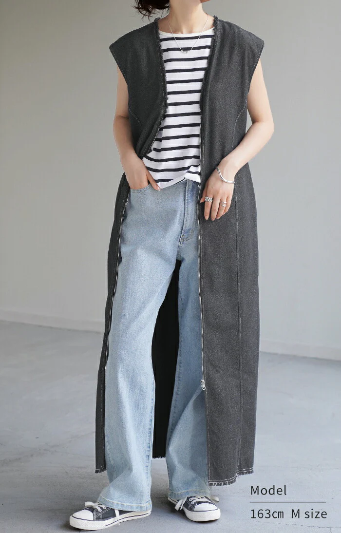 【夏セール】 ベスト ジレ デニム ロングベスト トップス ロングジレ 前開き レイヤード デニムベスト デニムジレ スリット ロング ノーカラ― Vネック 深V お尻が隠れる アウター 羽織 きれいめ 着痩せ 体型カバー お洒落 ブラック 黒 大きいサイズ 春 夏 HUG.U - Image 22