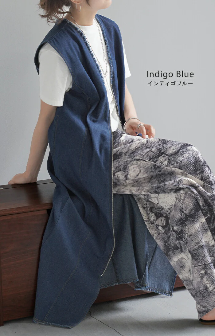 【夏セール】 ベスト ジレ デニム ロングベスト トップス ロングジレ 前開き レイヤード デニムベスト デニムジレ スリット ロング ノーカラ― Vネック 深V お尻が隠れる アウター 羽織 きれいめ 着痩せ 体型カバー お洒落 ブラック 黒 大きいサイズ 春 夏 HUG.U - Image 4