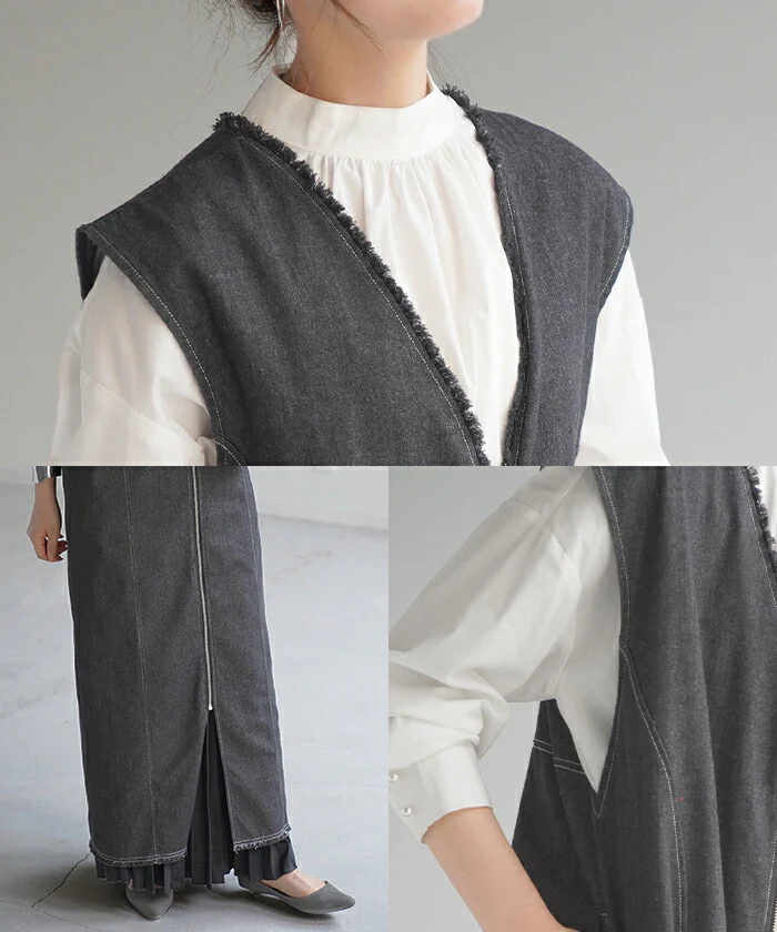 【夏セール】 ベスト ジレ デニム ロングベスト トップス ロングジレ 前開き レイヤード デニムベスト デニムジレ スリット ロング ノーカラ― Vネック 深V お尻が隠れる アウター 羽織 きれいめ 着痩せ 体型カバー お洒落 ブラック 黒 大きいサイズ 春 夏 HUG.U - Image 7