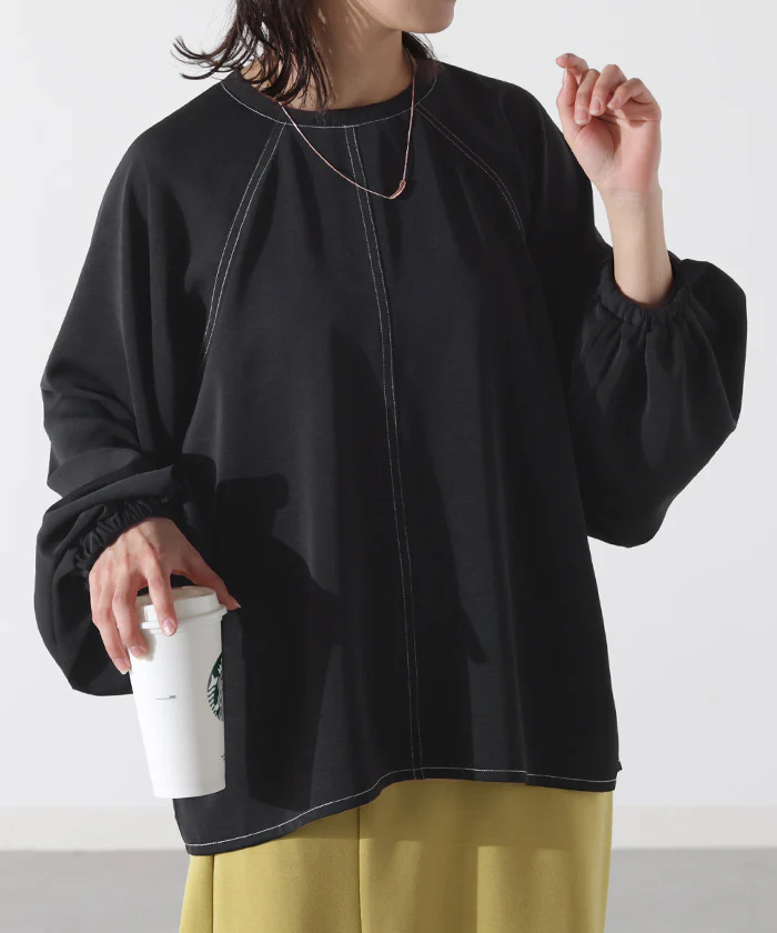 ブラウス ぽわん袖 オフィスカジュアル レディース 無地 きれいめ 長袖 ロング Tシャツ ロンT ドルマン ゆったり トップス 切り替え ステッチ シースルー 体型カバー ノーカラー 薄手 お洒落 シャツ オフィス 通勤 仕事 ブルー 黒 春 夏 HUG.U - Image 21