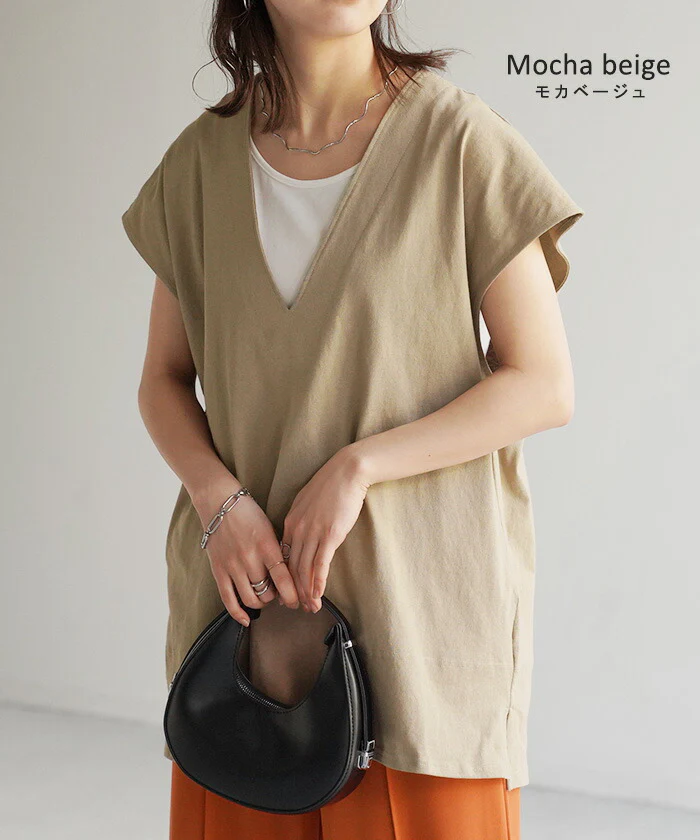 【夏セール】 Tシャツ カットソー レディース 深Vネック 厚手 ベスト トップス 二の腕カバー きれいめ レイヤード ティーシャツ ベスト ジレ チュニック 体型カバー 半袖 無地 Vネック ロング 大きいサイズ お尻が隠れる 無地 黒 白 深V M L 春 夏 HUG.U - Image 7